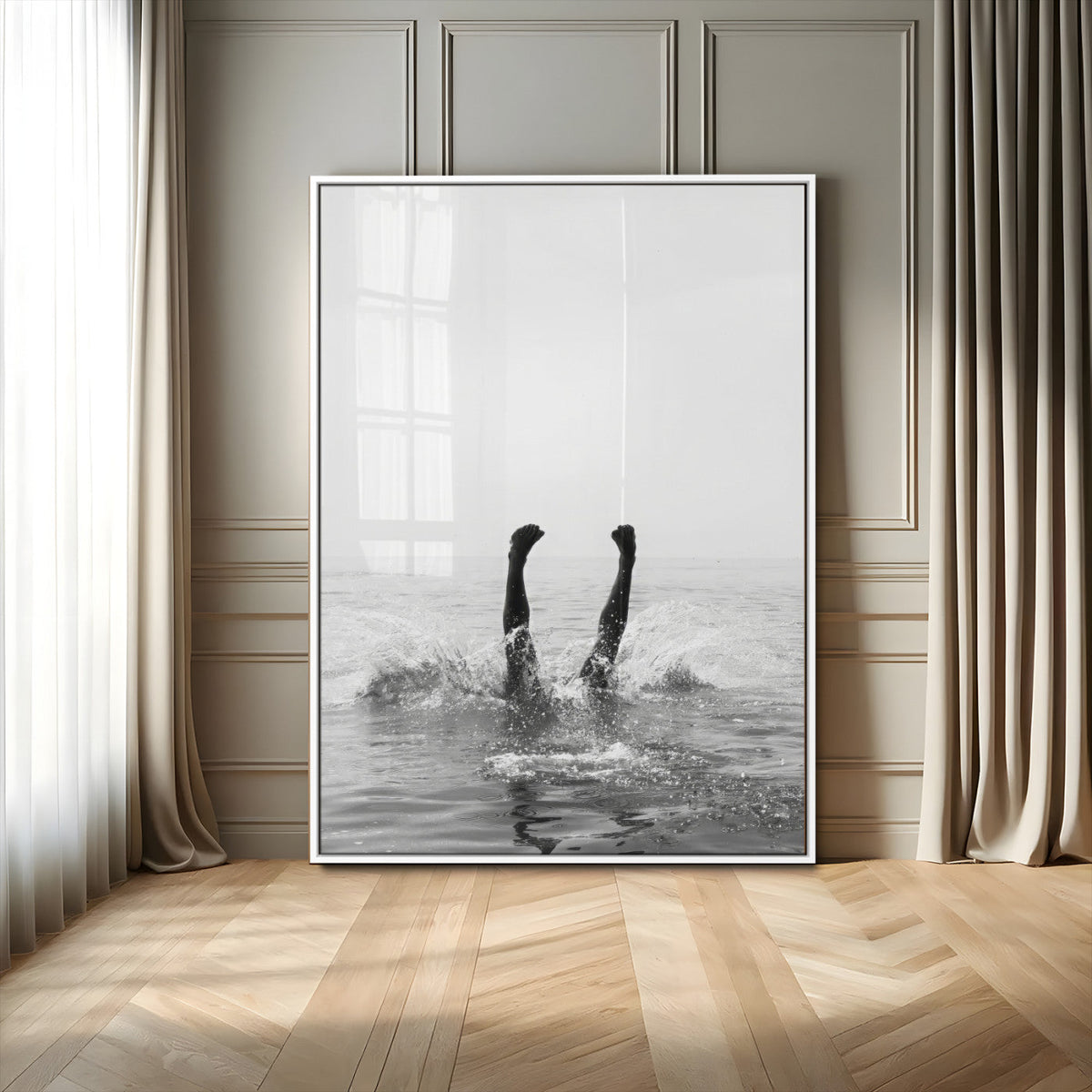 Minimal Ocean Wall Art Canvas Print – Framed Monochrome