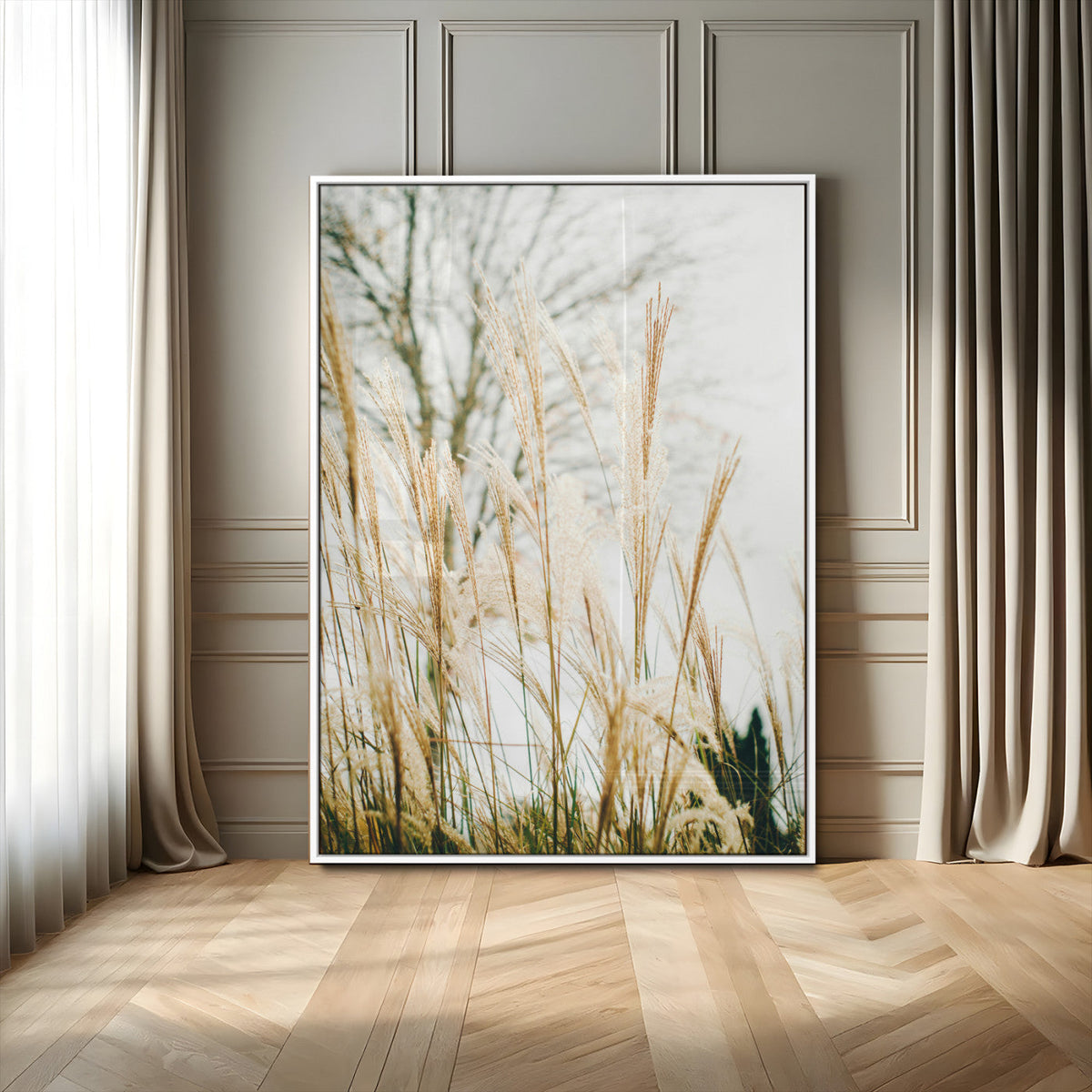 Pampas Grass Wall Art Canvas Print – Framed Neutral Tones