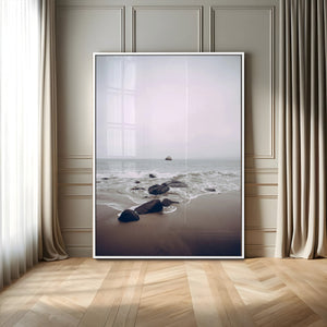 Moody Seascape Wall Art Canvas Print – Framed Neutral Foggy