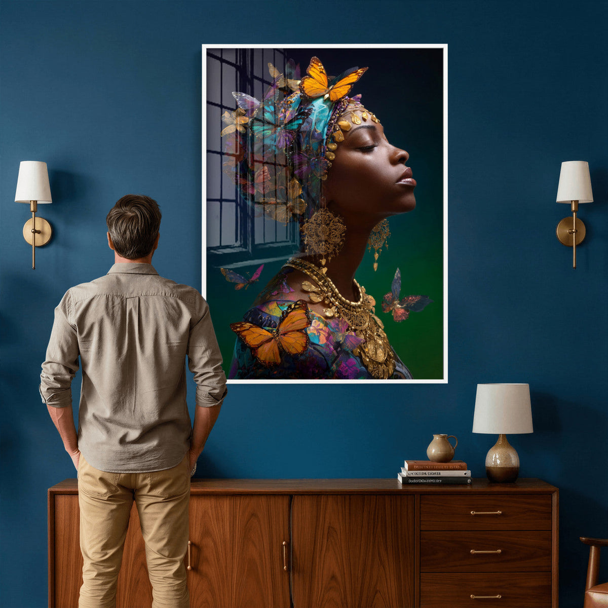 Butterfly Crown Gold Woman Portrait — Monarch Queen Canvas