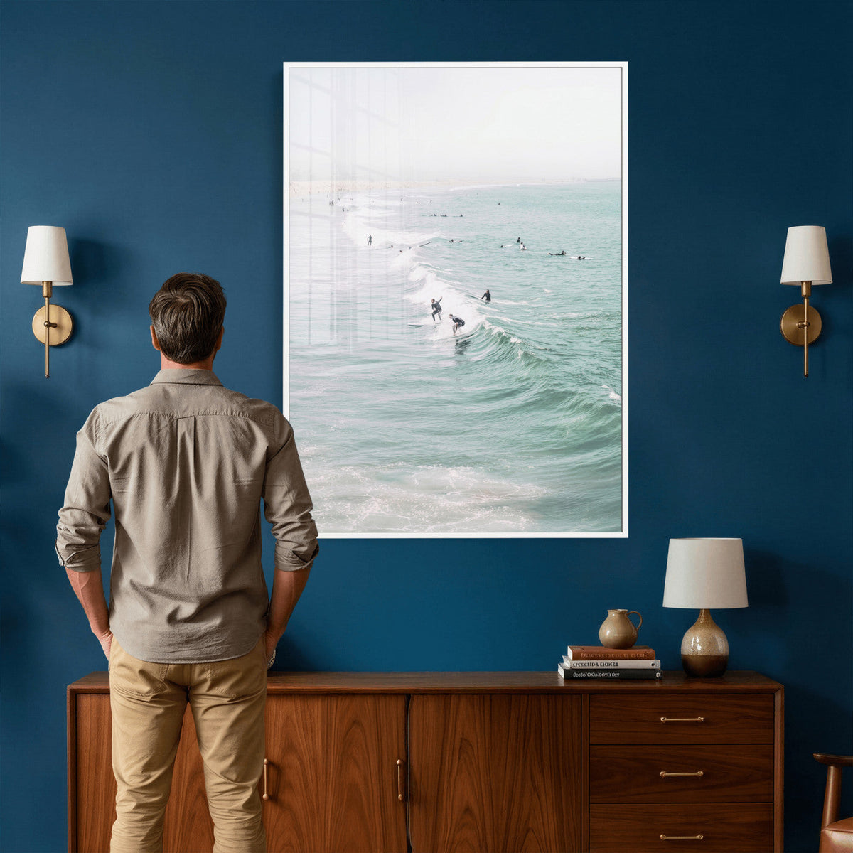 Surfers on Waves Canvas Wall Art, Aerial Ocean Photography