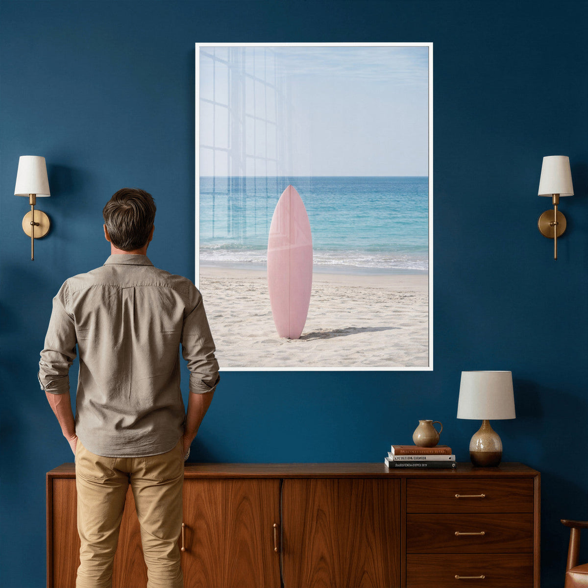 Pink Surfboard Canvas Wall Art, Minimalist Beach Photography