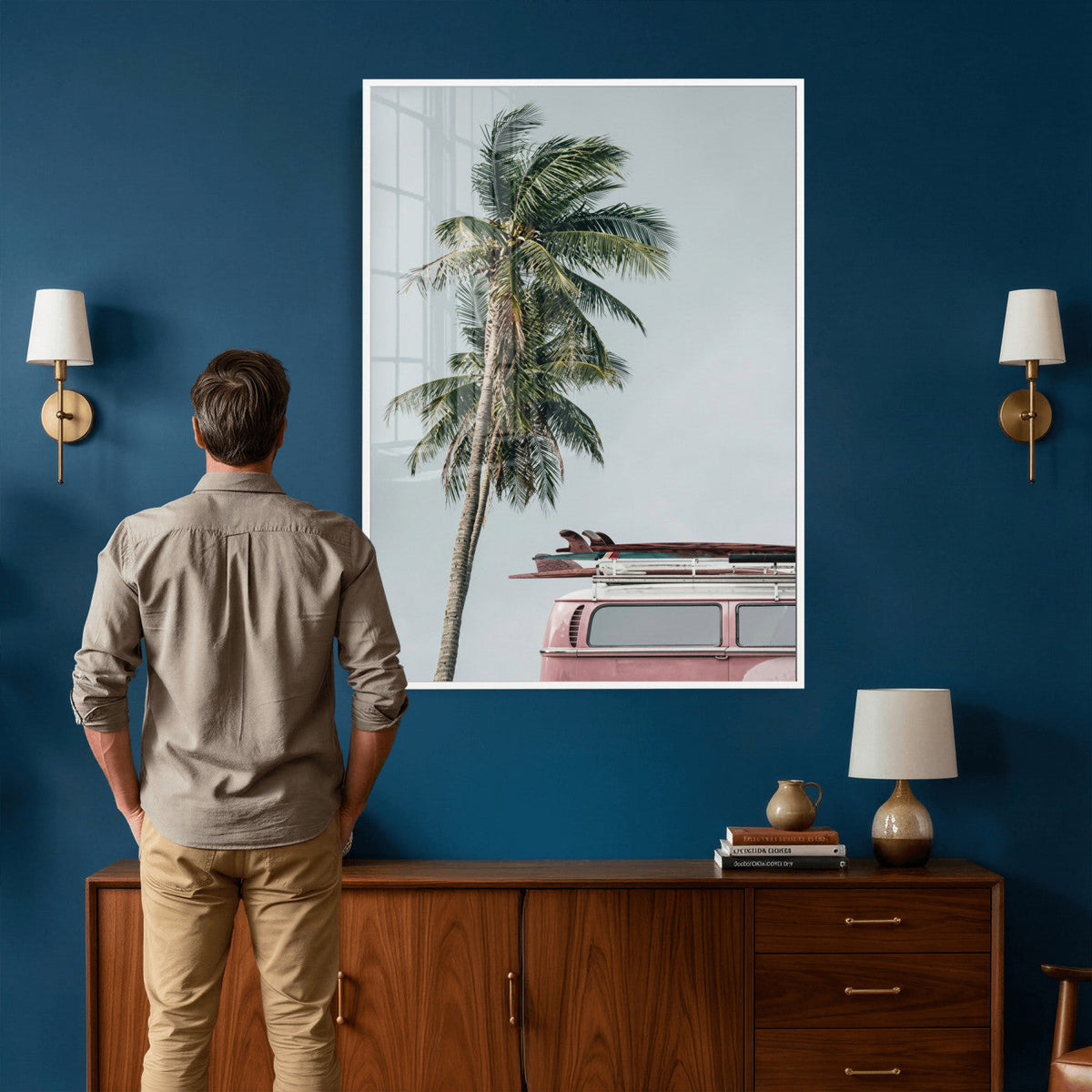 VW Van Palm Tree Canvas Wall Art, Pink Camper Surfboards