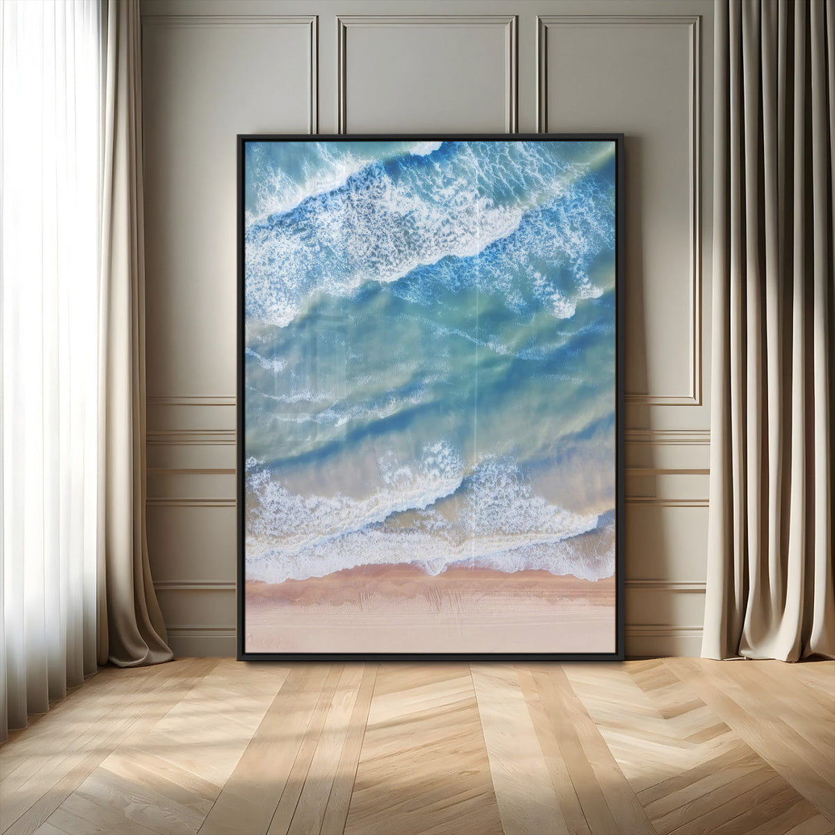 Aerial Ocean View Wall Art Canvas Print – Framed Soft Blue