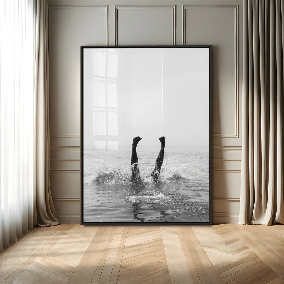 Minimal Ocean Wall Art Canvas Print – Framed Monochrome