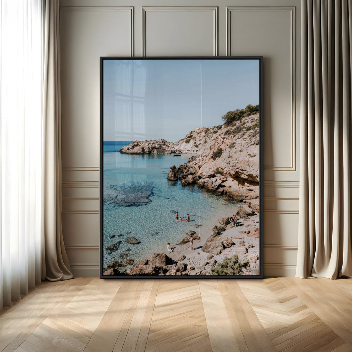 Clear Blue Water Beach Wall Art – Framed Rocky Cove Canvas