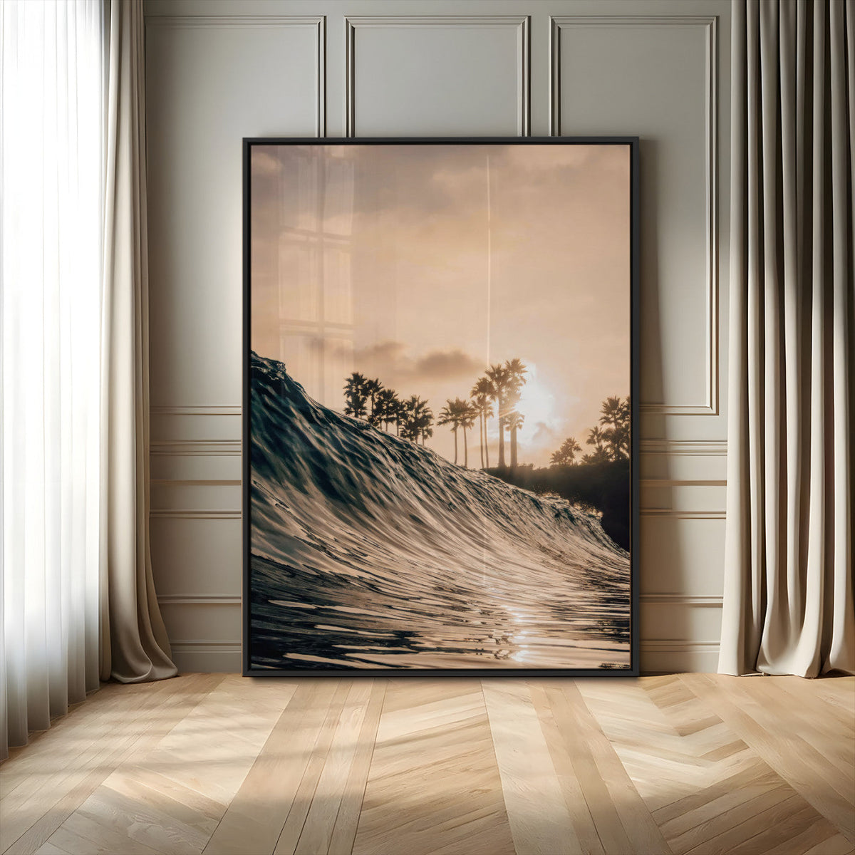 Sunset Wave Ocean Wall Art – Framed Palm Tree Canvas