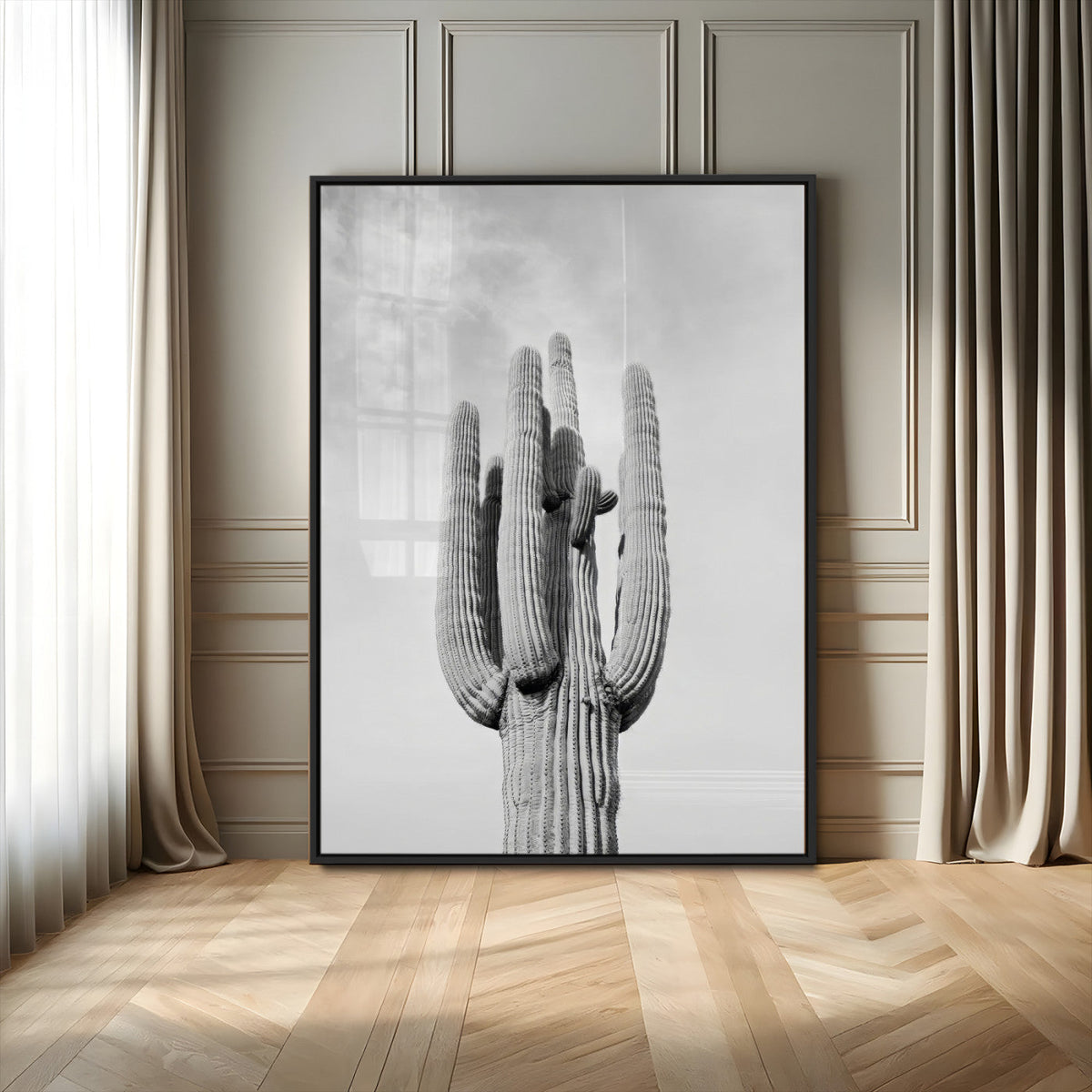 Saguaro Cactus Wall Art – Black and White Desert Canvas