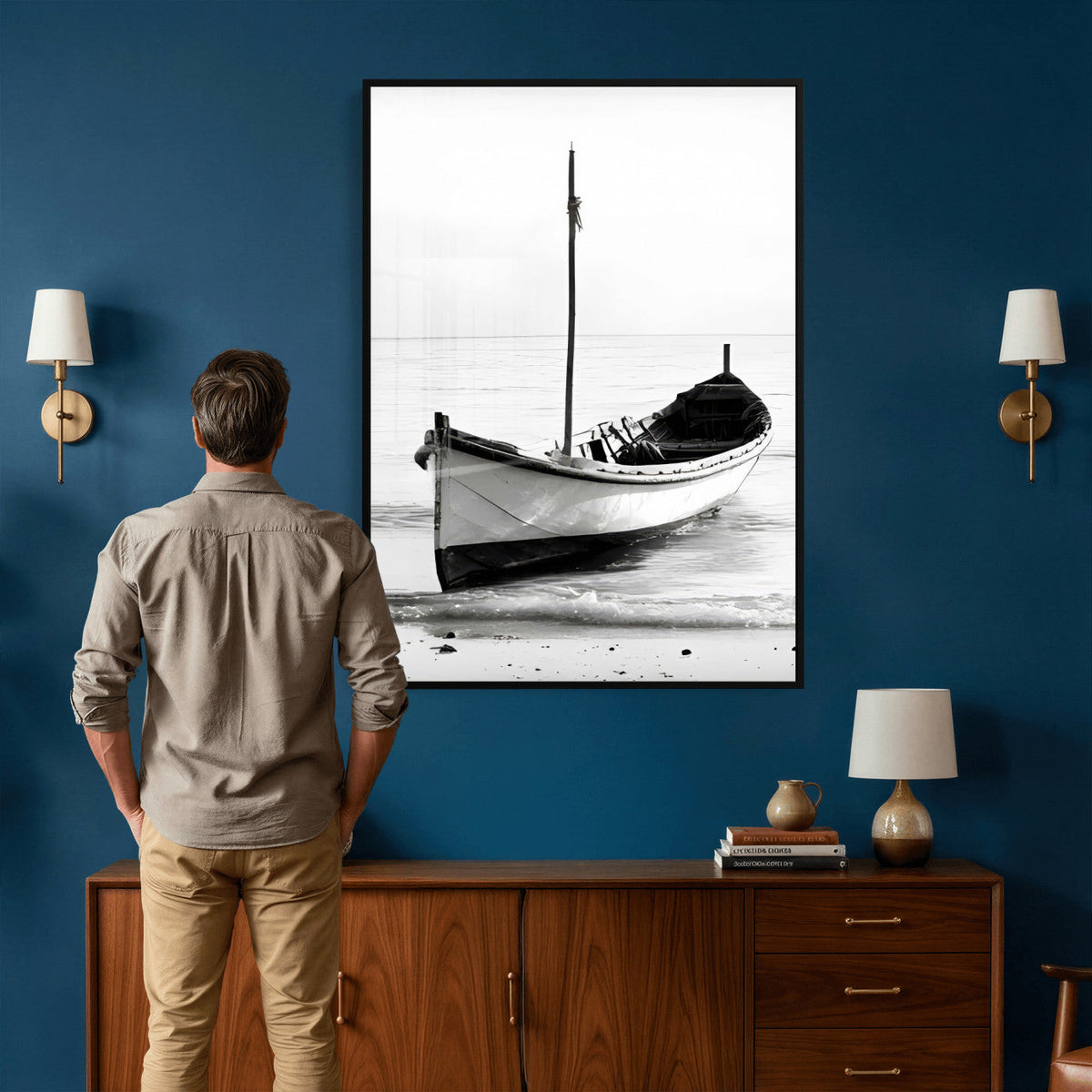 Minimal Boat Wall Art Canvas Print – Black and White Coastal