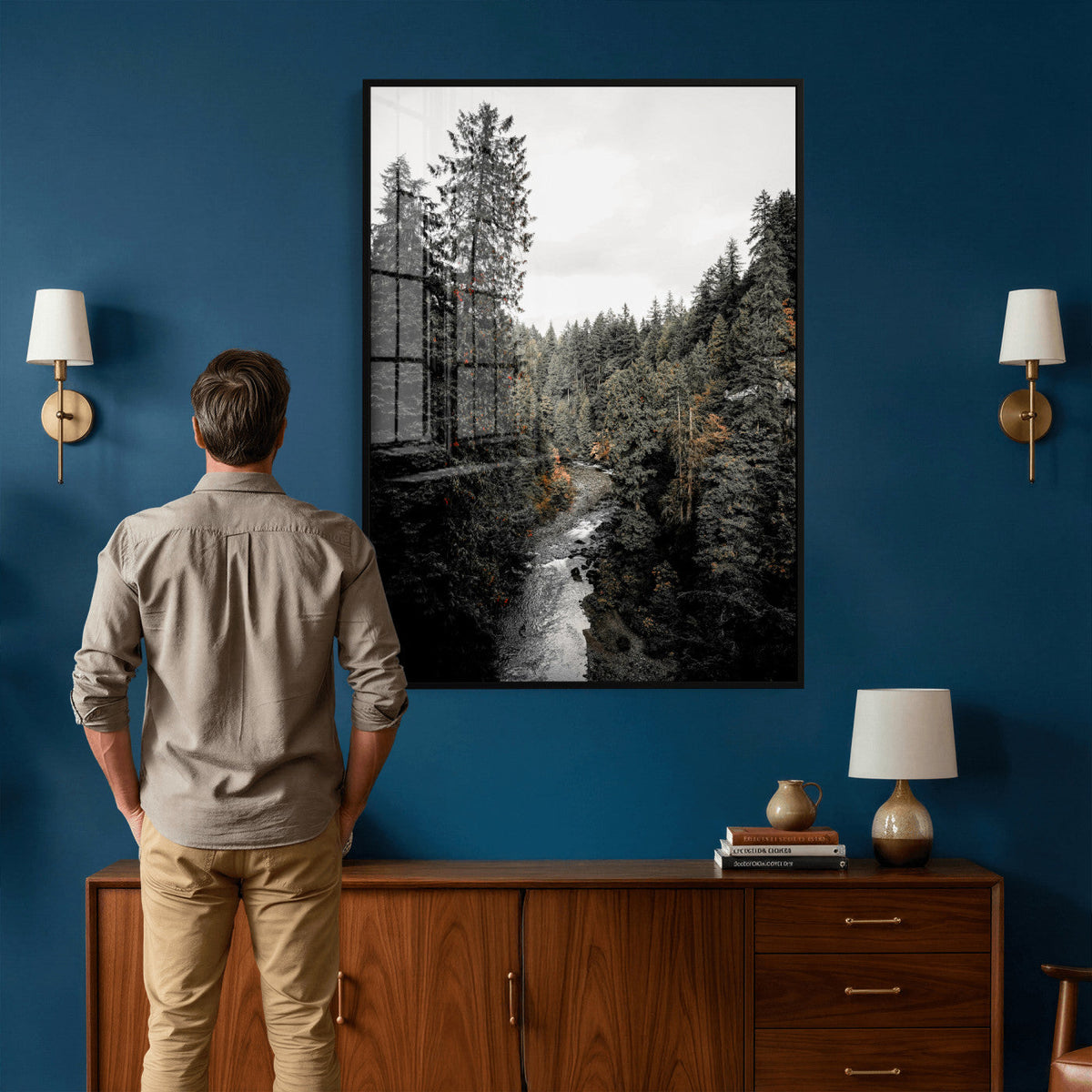 Moody Forest River Wall Art Canvas Print – Dark Evergreen
