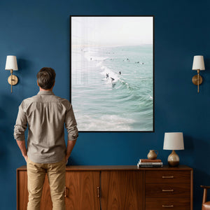 Surfers on Waves Canvas Wall Art, Aerial Ocean Photography