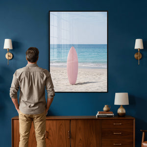 Pink Surfboard Canvas Wall Art, Minimalist Beach Photography