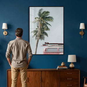 VW Van Palm Tree Canvas Wall Art, Pink Camper Surfboards
