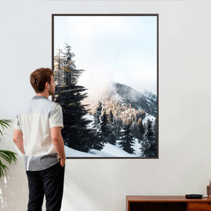 Snowy Mountain Forest Wall Art Canvas Print, Winter Pine