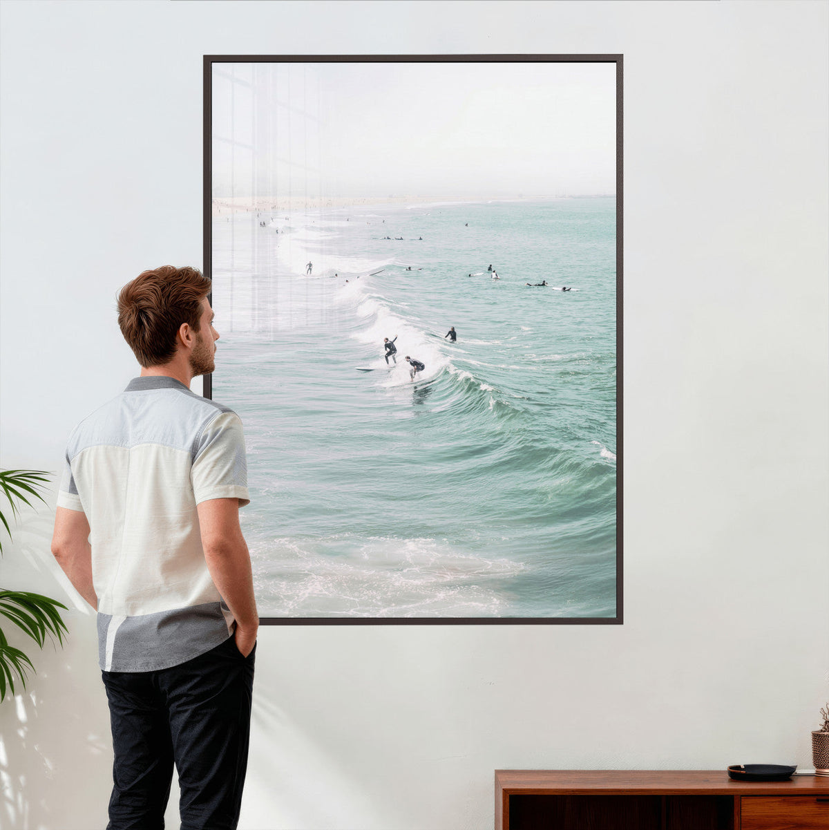 Surfers on Waves Canvas Wall Art, Aerial Ocean Photography