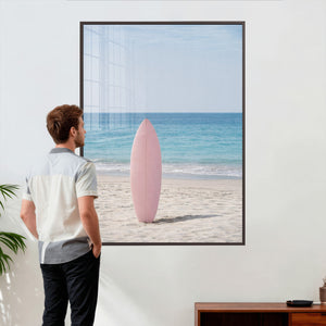 Pink Surfboard Canvas Wall Art, Minimalist Beach Photography