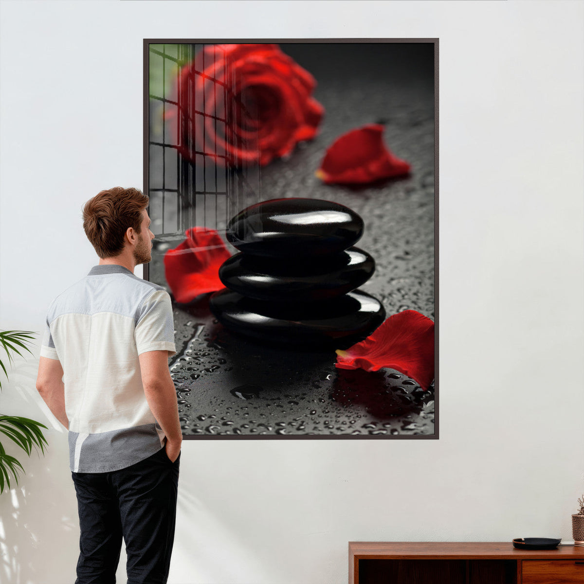 Black Lava Stone Rose Canvas | Red Rose Spa Photography