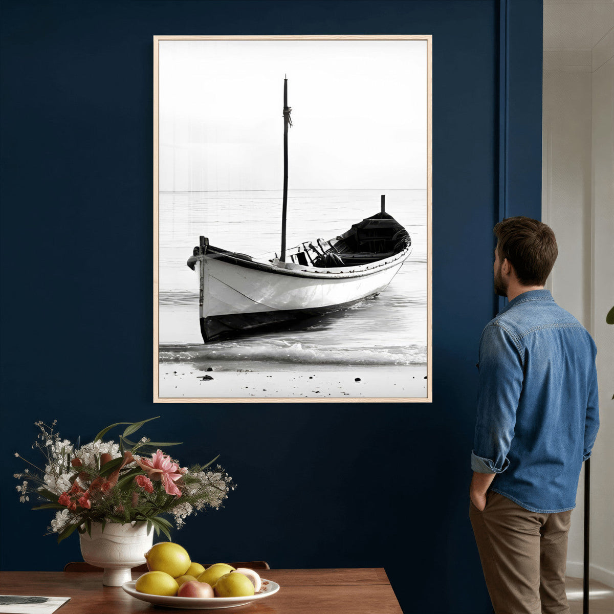 Minimal Boat Wall Art Canvas Print – Black and White Coastal