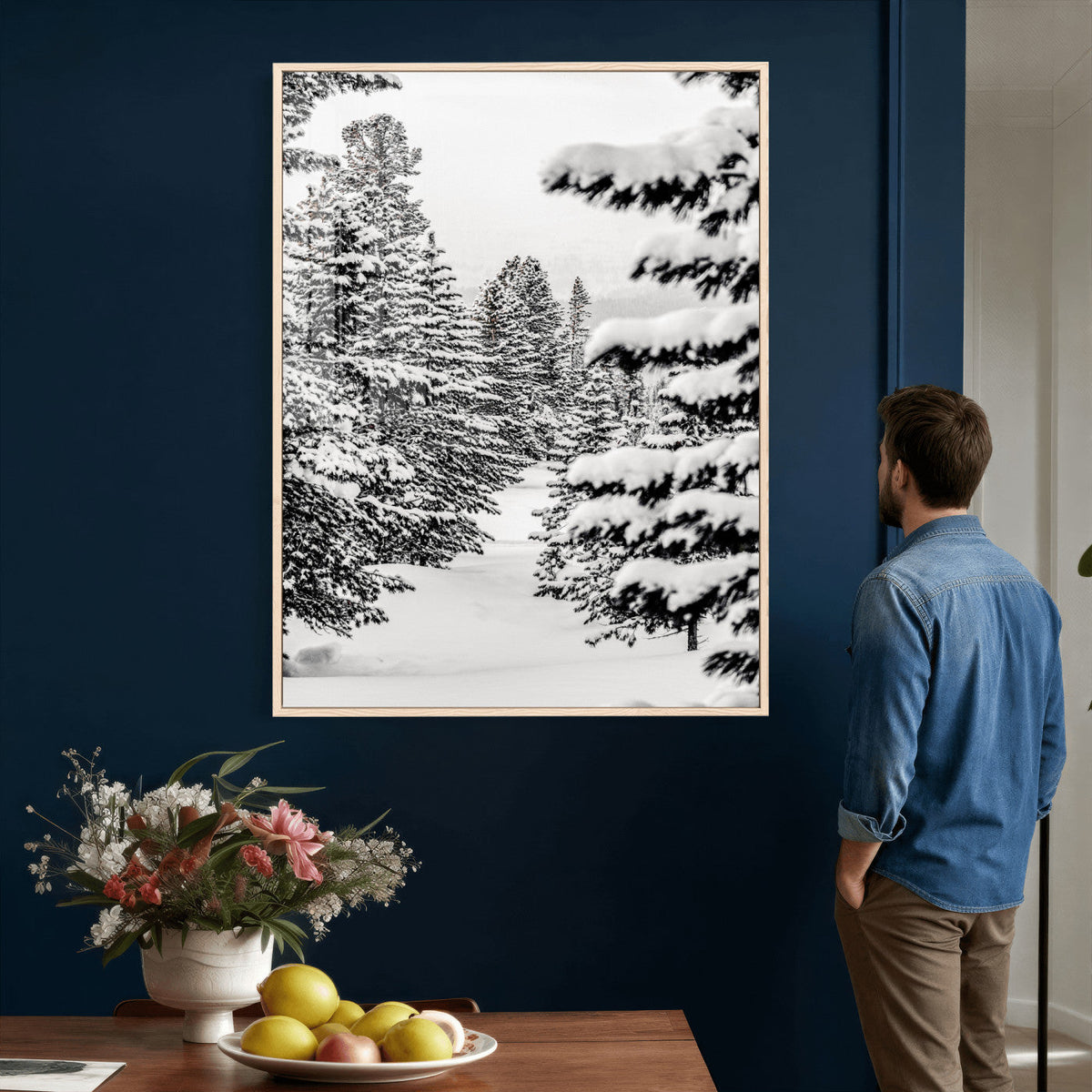 Winter Pine Forest Wall Art Canvas Print, Minimal Winter