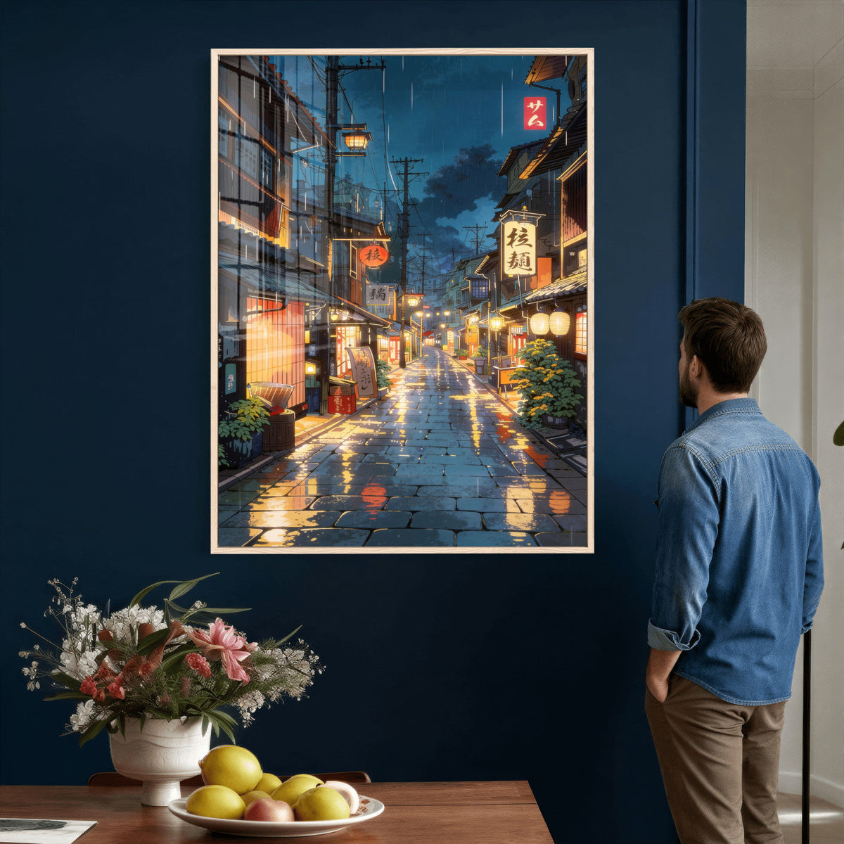 Tokyo Tea House Canvas Wall Art — Japan Rainy Night Street