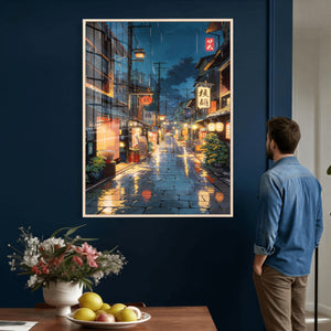 Tokyo Tea House Canvas Wall Art — Japan Rainy Night Street