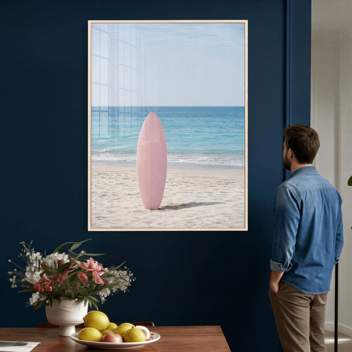 Pink Surfboard Canvas Wall Art, Minimalist Beach Photography
