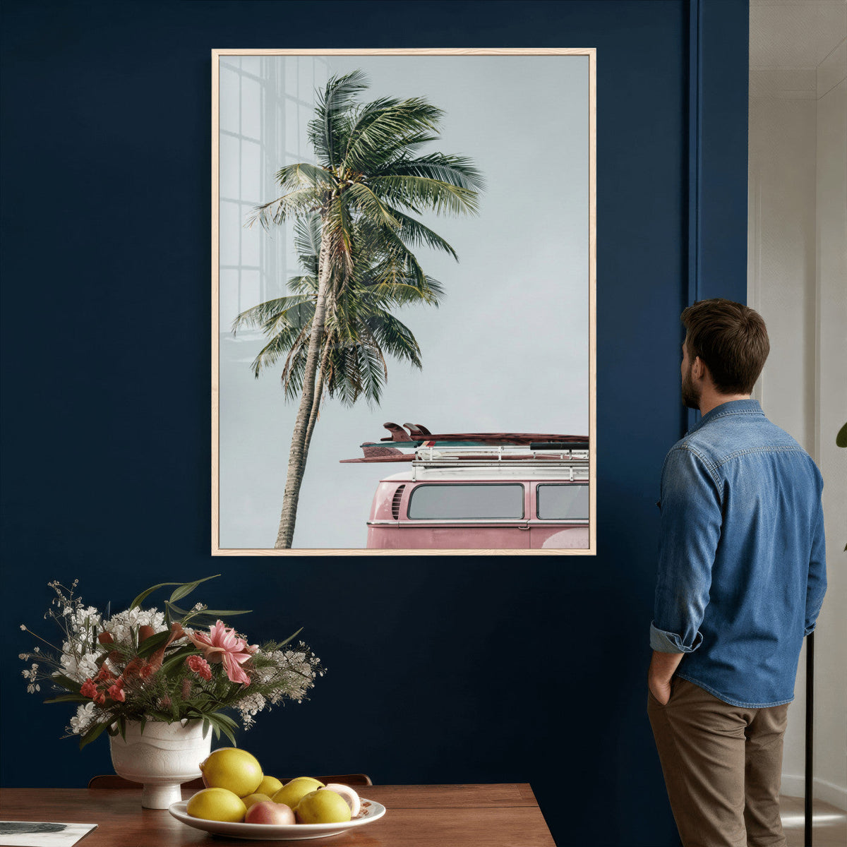 VW Van Palm Tree Canvas Wall Art, Pink Camper Surfboards