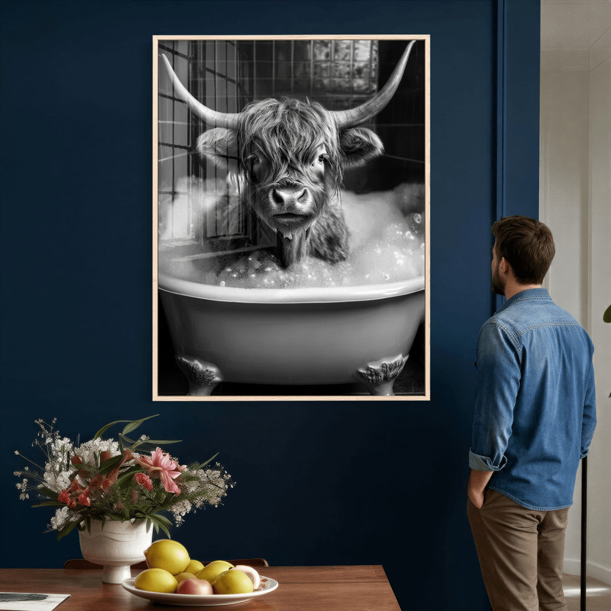 Highland Cow Bathtub Canvas Wall Art, Funny Bathroom Print