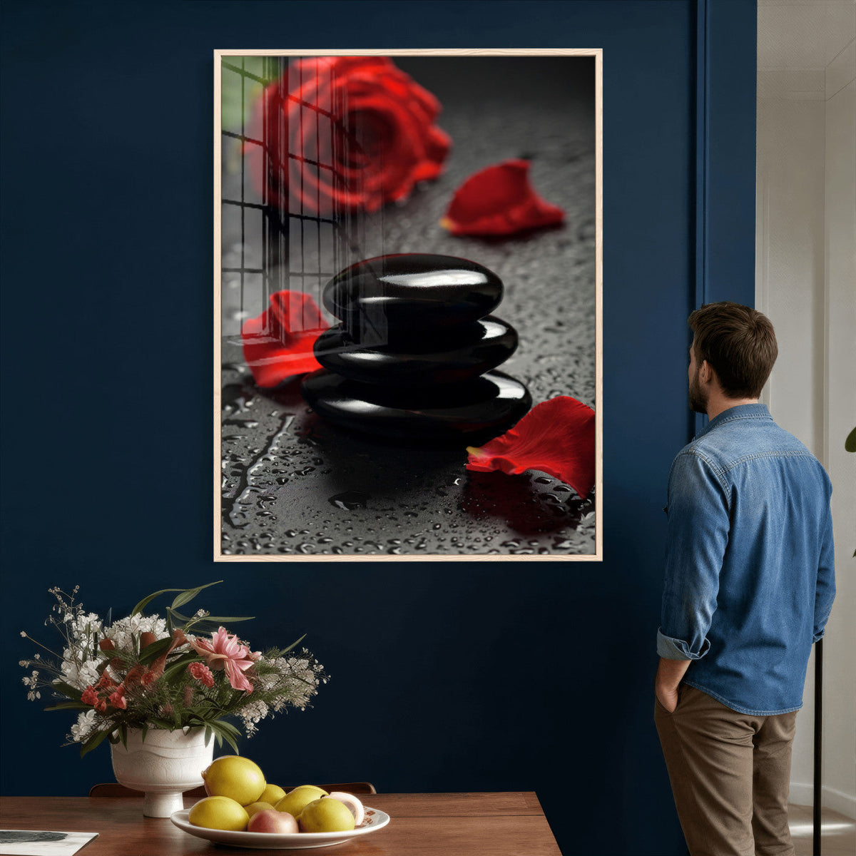 Black Lava Stone Rose Canvas | Red Rose Spa Photography