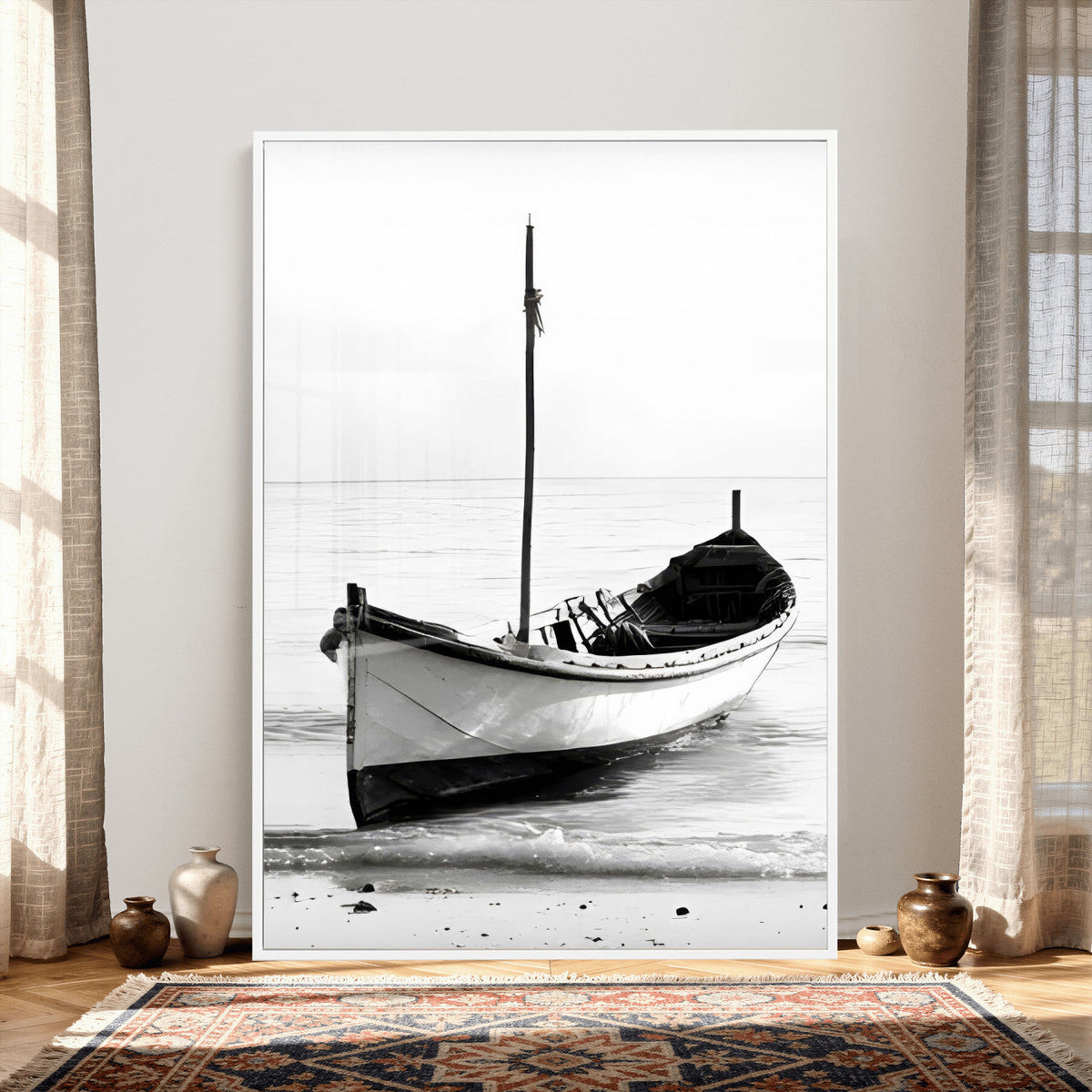 Minimal Boat Wall Art Canvas Print – Black and White Coastal