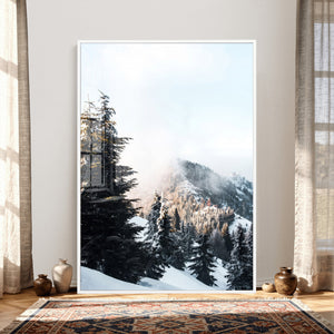 Snowy Mountain Forest Wall Art Canvas Print, Winter Pine