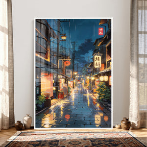 Tokyo Tea House Canvas Wall Art — Japan Rainy Night Street