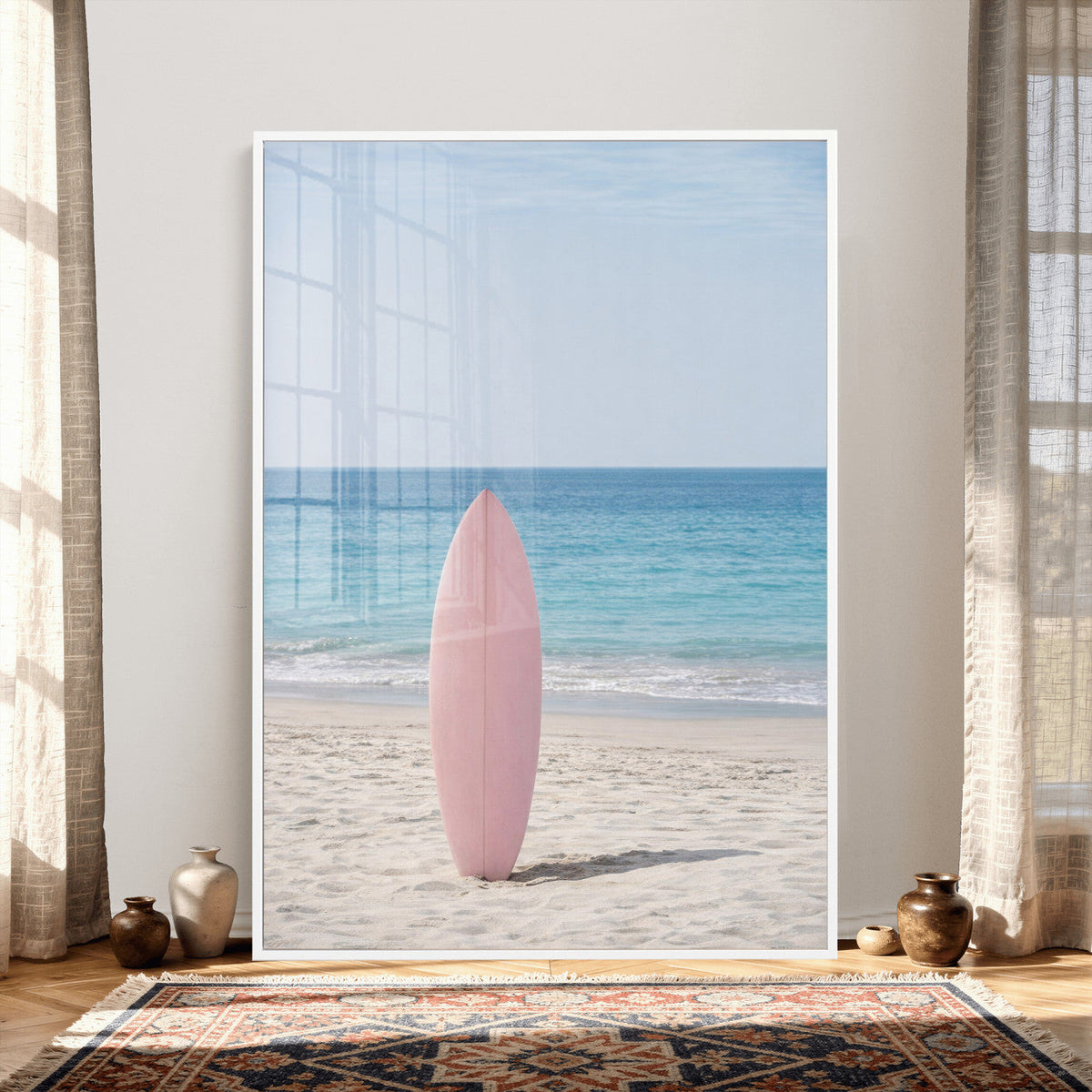 Pink Surfboard Canvas Wall Art, Minimalist Beach Photography