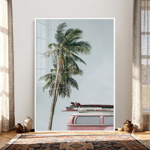 VW Van Palm Tree Canvas Wall Art, Pink Camper Surfboards