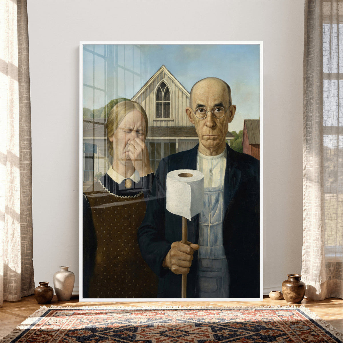 Funny Bathroom Canvas Wall Art, Grant Wood American Gothic