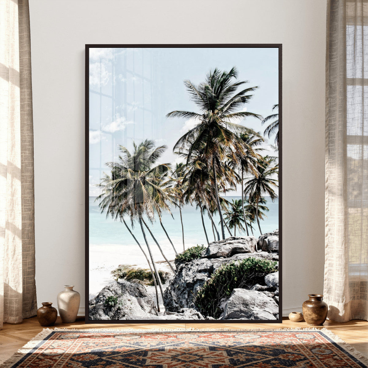Tropical Trees Beach Wall Art Canvas Print, Coastal Ocean