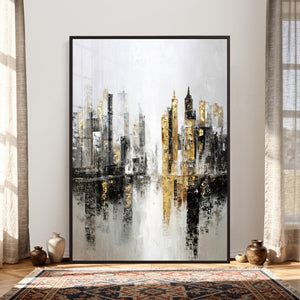 Abstract New York Wall Art Canvas Print, Gold Black Modern