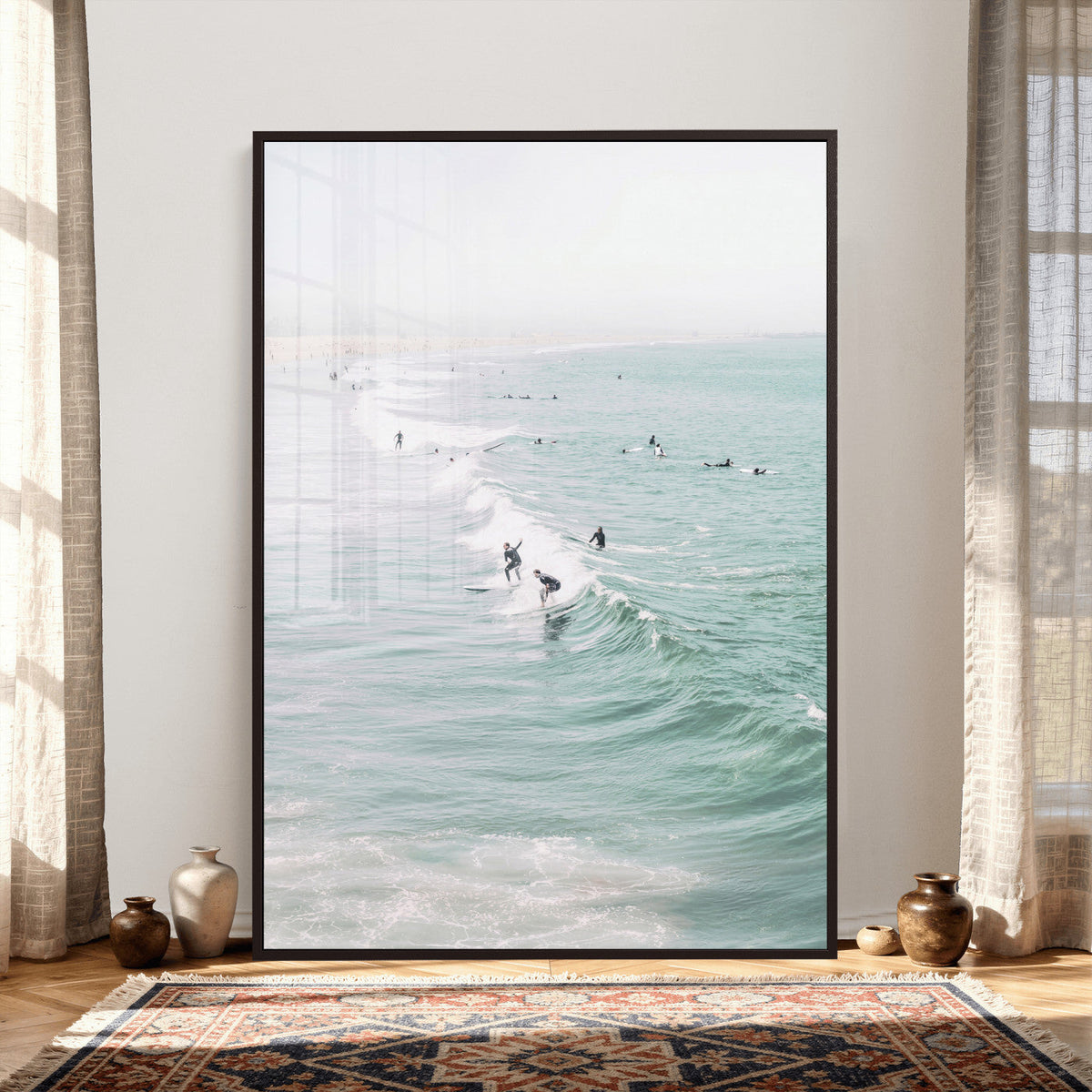 Surfers on Waves Canvas Wall Art, Aerial Ocean Photography