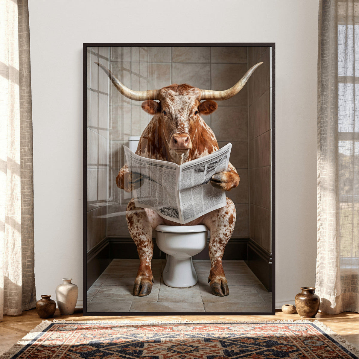 Funny Bathroom Canvas Wall Art, Texas Longhorn on Toilet
