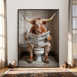 Funny Bathroom Canvas Wall Art, Texas Longhorn on Toilet