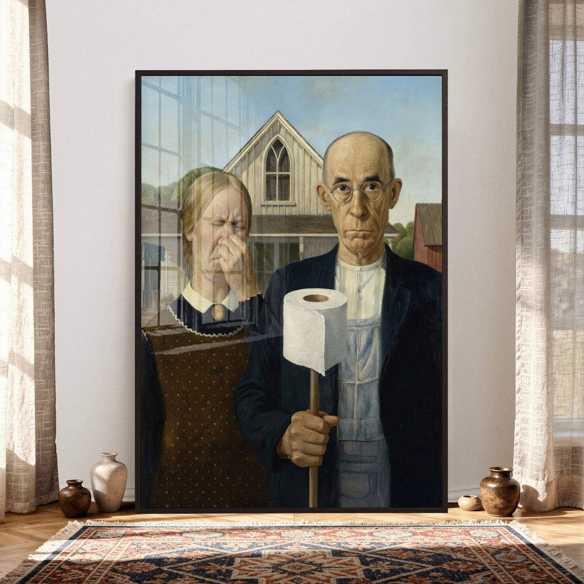 Funny Bathroom Canvas Wall Art, Grant Wood American Gothic