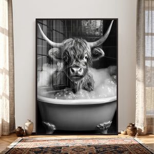 Highland Cow Bathtub Canvas Wall Art, Funny Bathroom Print