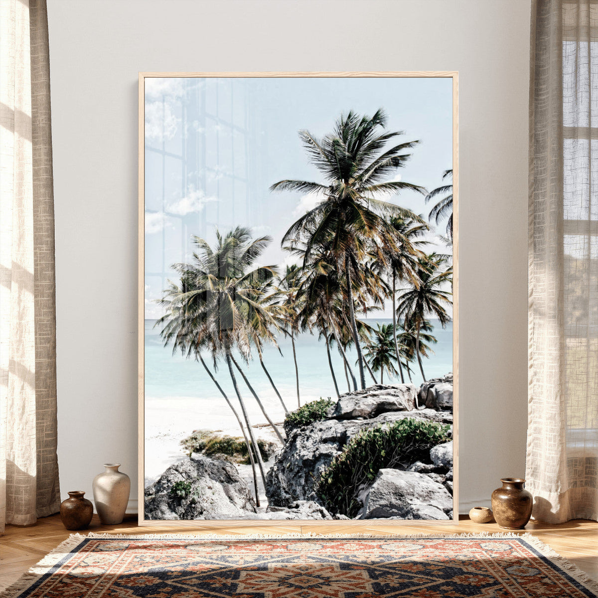 Tropical Trees Beach Wall Art Canvas Print, Coastal Ocean