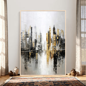 Abstract New York Wall Art Canvas Print, Gold Black Modern