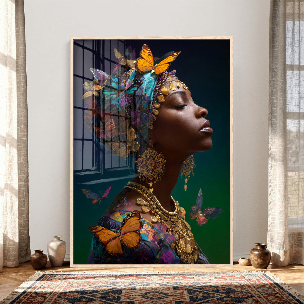Butterfly Crown Gold Woman Portrait — Monarch Queen Canvas