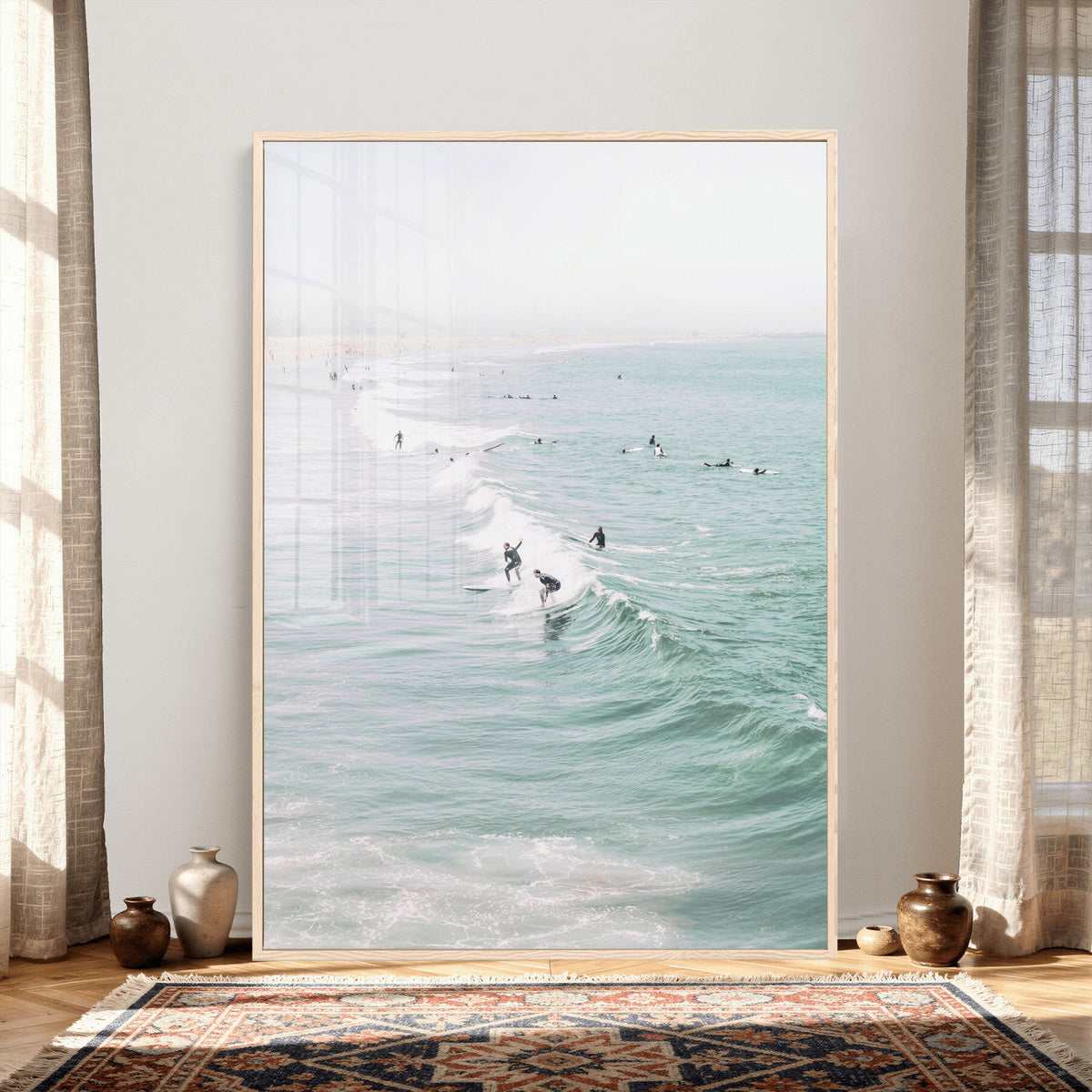 Surfers on Waves Canvas Wall Art, Aerial Ocean Photography