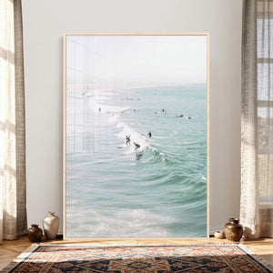 Surfers on Waves Canvas Wall Art, Aerial Ocean Photography