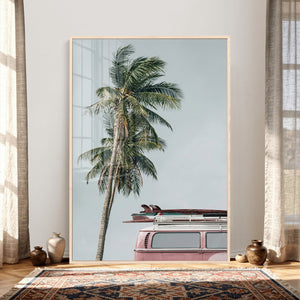 VW Van Palm Tree Canvas Wall Art, Pink Camper Surfboards