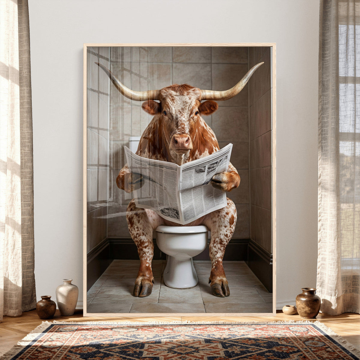 Funny Bathroom Canvas Wall Art, Texas Longhorn on Toilet