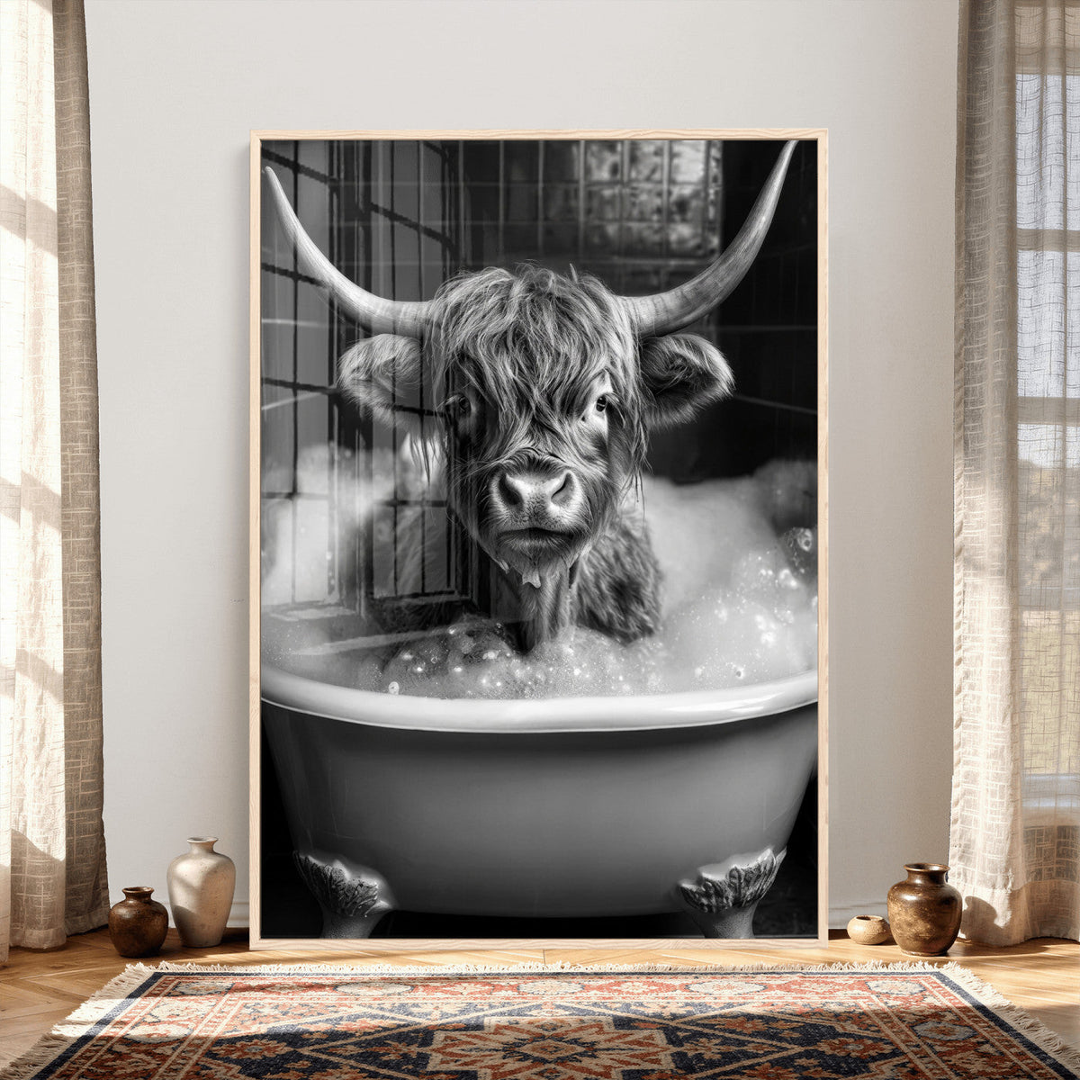 Highland Cow Bathtub Canvas Wall Art, Funny Bathroom Print